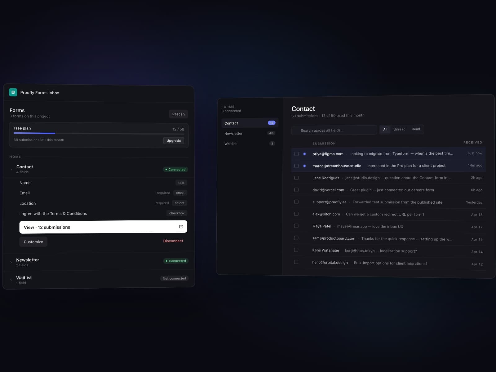 Proofly Forms Inbox — Every form deserves an inbox.